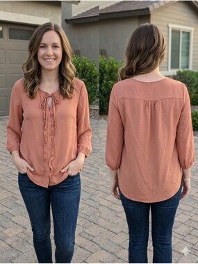 XXI Essentials Peach Ruffle Front Tie Neck Blouse Top Large Boho Feminine Woven
